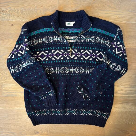 VTG 90s REI Nordic Sweater Fair Isle Wool Blend 1/4 Zip Blue Mens Size XL - Picture 1 of 8
